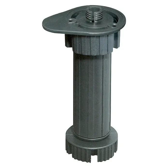 Set de patas de mueble de cocina regulables - Ø x Al: 60 x 200 mm, Negro, Polipropileno, 4 ud. - Primer plano de una pata de mueble ajustable gris con una parte superior plana para la fijación y una sección inferior ajustable y estriada.