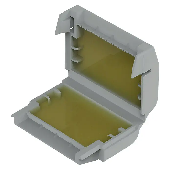 Wago Gelmuffe 207-1332 Größe 2 - 4 Stk., Schutzart: IPX8 - Nahaufnahme einer strukturierten, rechteckigen Form mit einer glatten gelben Innenfläche. Perfekt für Präsentationen und Designprojekte.
