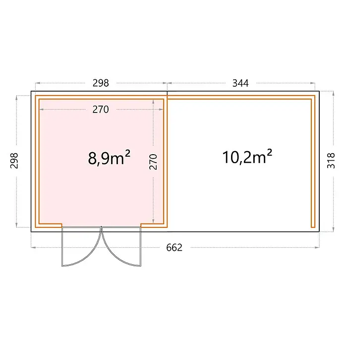 Telluria Metallgerätehaus Classico 3030 mit Lounge L rechts - Außenmaß inkl. Dachüberstand (B x T): 662 x 318 cm, Stahl, Weiß/Anthrazit, Ohne Set - Grundriss des Gartenhauses mit zwei Räumen, Maße und Flächenangaben sind abgebildet. Gesamtansicht mit Türbereich.