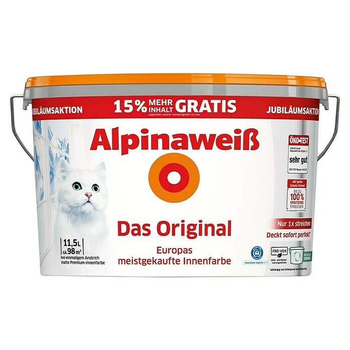 Alpina Alpinaweiß Wandfarbe Das Original 10+1,5 Liter (Weiß, 11,5 l, Matt, Konservierungsmittelfrei) | BAUHAUS