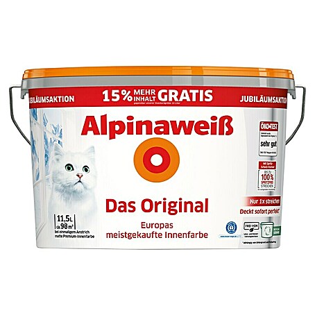 Alpina Alpinaweiß Wandfarbe Das Original 10+1,5 Liter (Weiß, 11,5 l, Matt, Konservierungsmittelfrei)