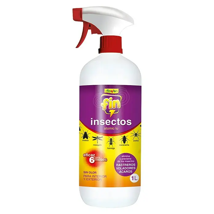 Flower Producto anti-insectos Fin - 1 l - Imagen de un spray insecticida "Flower Fin Insectos Atomic Lu" en una botella blanca con pulverizador rojo y etiqueta morada.