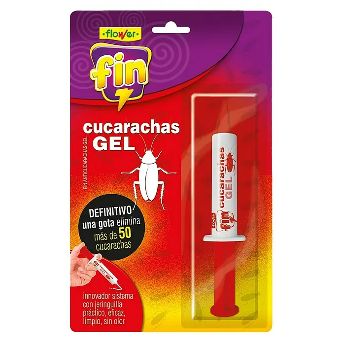Flower Producto anti-insectos anticucarachas - 10 g - Imagen del empaque del insecticida Fin Cucarachas Gel para el control de cucarachas, presentado en una práctica jeringa para facilitar la aplicación.