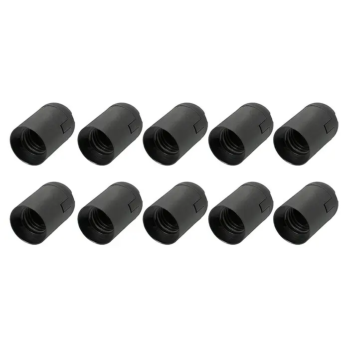 Voltomat Lampenfassung mit Glattmantel - E27, Schwarz, Kunststoff, 10 Stk., Max. Anschlussleistung: 60 W - Zehn schwarze Lampenfassungen mit Innengewinde in einer Reihe. Ideal für DIY-Beleuchtungsprojekte und Reparaturen.
