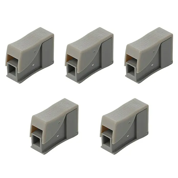 Voltomat Leuchtenklemme - Anzahl Leiter: 1 Stk., 0,5 mm² - 2,5 mm², 5 Stk. - Fünf graue Wago-Klemmen, die für die sichere Verbindung von elektrischen Leitern verwendet werden. Ideal für Elektroinstallationen.
