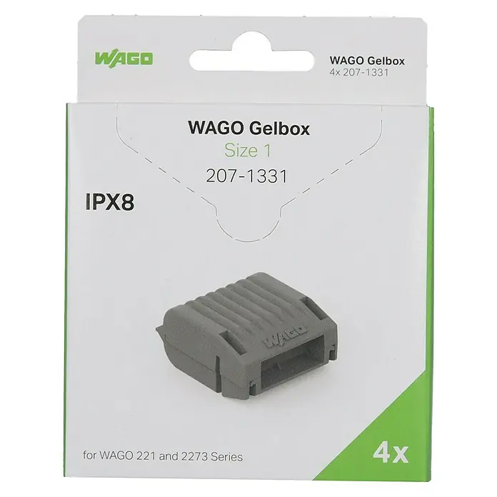 Wago Gelmuffe 207-1331 Größe 1 - 4 Stk., Schutzart: IPX8 - Abbildung einer WAGO Gelbox Größe 1, Artikelnummer 207-1331, geeignet für WAGO 221 und 2273 Serien, IPX8-Schutz, 4 Stück.