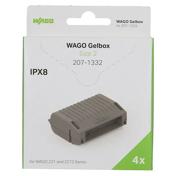 Wago Gelmuffe 207-1332 Größe 2 - 4 Stk., Schutzart: IPX8 - Produktverpackung der WAGO Gelbox Größe 2, die eine wasserdichte Verbindungslösung für WAGO 221 und 2273 Serien bietet.