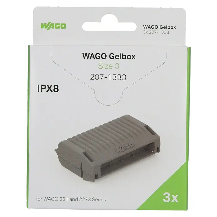 Wago Gelmuffe 207-1333 Größe 3 - 3 Stk., Schutzart: IPX8 - Verpackung der WAGO Gelbox Größe 3 (3er-Packung), wasserdichte Verbindungsmuffe für WAGO 221 und 2273 Serie mit IPX8 Schutz.