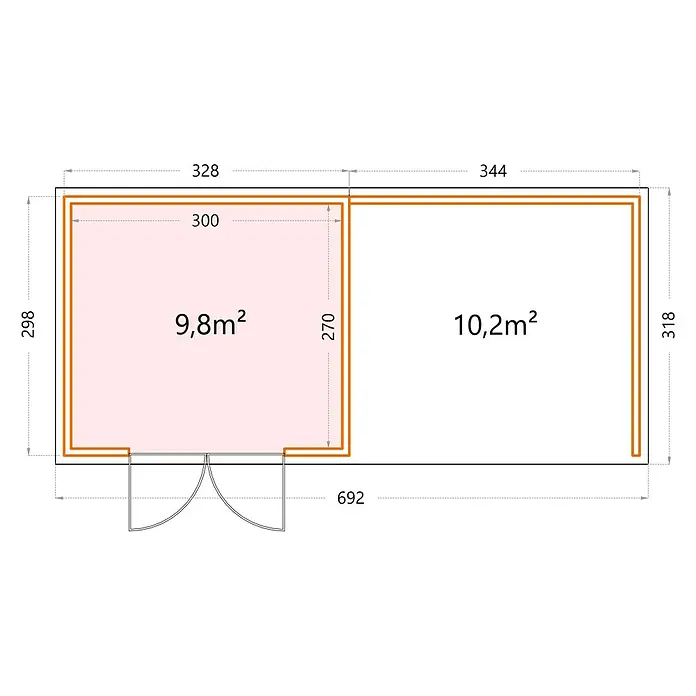Telluria Metallgerätehaus Classico 3330 mit Lounge L rechts inkl. Elektro-Set - Außenmaß inkl. Dachüberstand (B x T): 692 x 318 cm, Stahl, Weiß, Inkl. Innenwandverkleidung & Elektro-Set - Grundrisszeichnung eines Gebäudes mit zwei Räumen, Maße und Flächenangaben sind enthalten.
