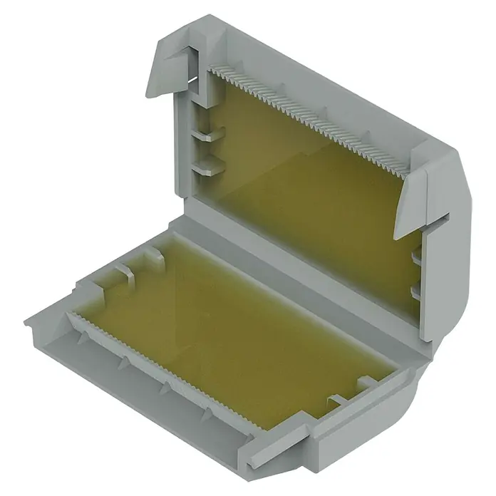 Wago Gelmuffe 207-1333 Größe 3 - 3 Stk., Schutzart: IPX8 - Renderaufnahme eines grauen Behälters mit zahnartigen Strukturen und gelbem Inhalt.