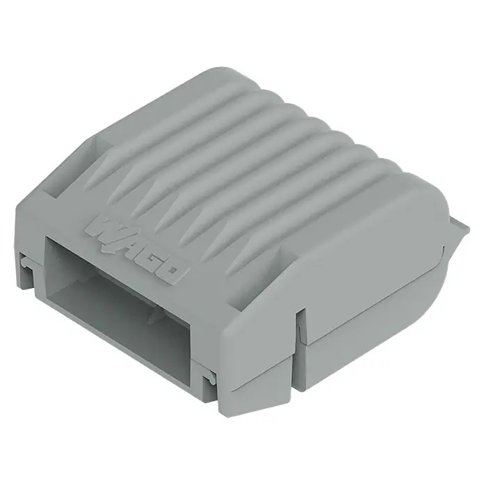 Wago Gelmuffe 207-1331 Größe 1 - 4 Stk., Schutzart: IPX8 - Nahaufnahme eines grauen WAGO-Verbindungsstücks, das ein elektrisches Bauteil für sichere und zuverlässige Verbindungen darstellt.