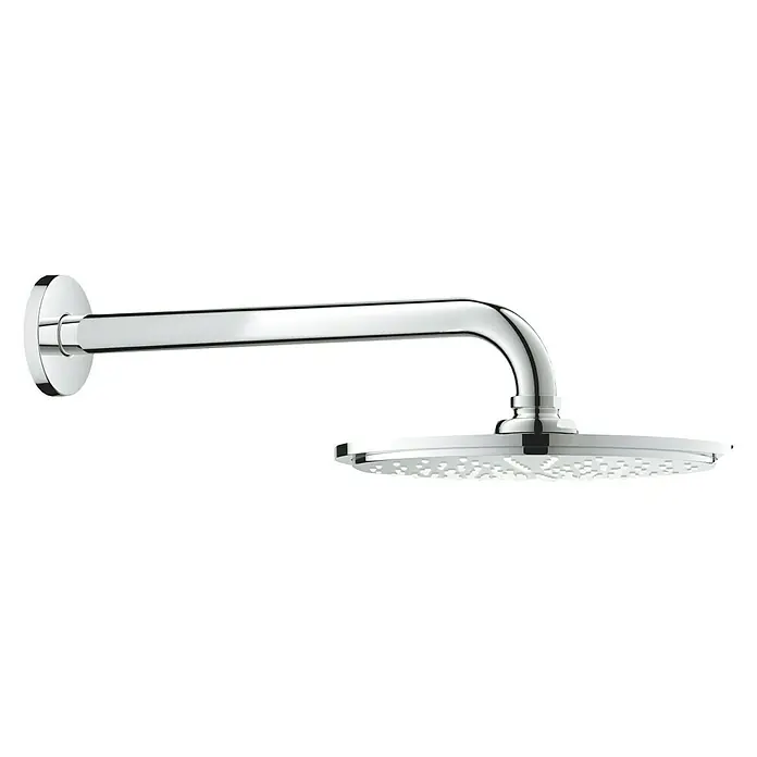 Grohe Rainshower Cosmopolitan 210 Kopfbrausen-Set - Durchmesser: 21 cm, 24 l/min, Chrom - Eine Chrom-Regenbrause mit Wandarm für ein modernes Badezimmer-Design. Die Brause bietet ein entspannendes Duscherlebnis.
