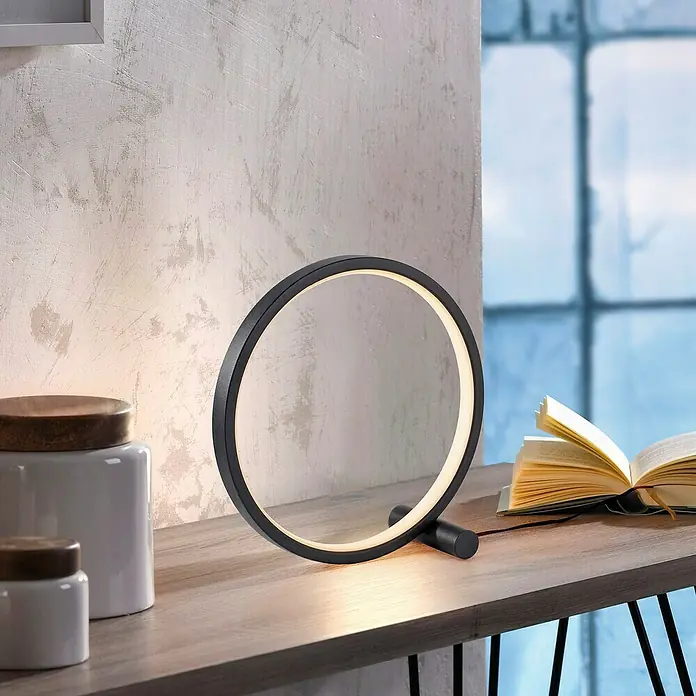 Just Light Ritus Lámpara de sobremesa redonda - 10,5 W, Ø x Al: 25,5 x 10 cm, Negro - Elegante lámpara de mesa LED en forma de anillo. Su diseño moderno la convierte en un elemento atractivo en cualquier mesa o mesita de noche.