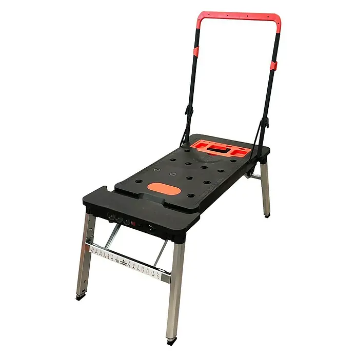 Banco de trabajo 7 en 1 - L x An: 55 x 108,5 cm, Altura de trabajo: 78 cm, Carga soportada: 100 kg - Un banco de trabajo versátil y portátil con una superficie de trabajo negra y detalles en rojo, ideal para diversos proyectos.