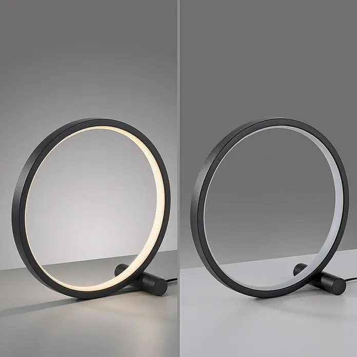 Just Light Ritus Lámpara de sobremesa redonda - 10,5 W, Ø x Al: 25,5 x 10 cm, Negro - Moderna lámpara de mesa LED con diseño circular. La luz es blanca cálida y crea un ambiente agradable en la habitación.