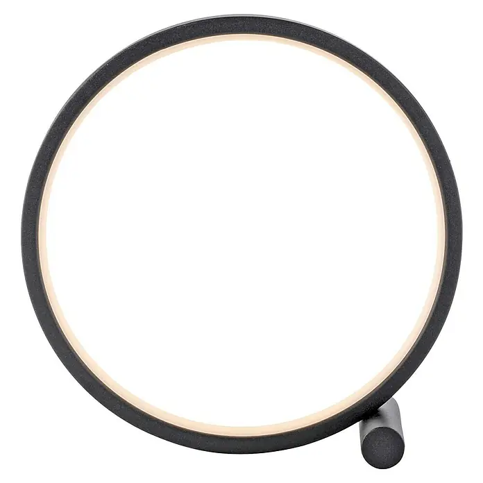 Just Light Ritus Lámpara de sobremesa redonda - 10,5 W, Ø x Al: 25,5 x 10 cm, Negro - Primer plano de una moderna lámpara de mesa LED circular con marco oscuro mate y luz blanca cálida. La luz es suave y acogedora.