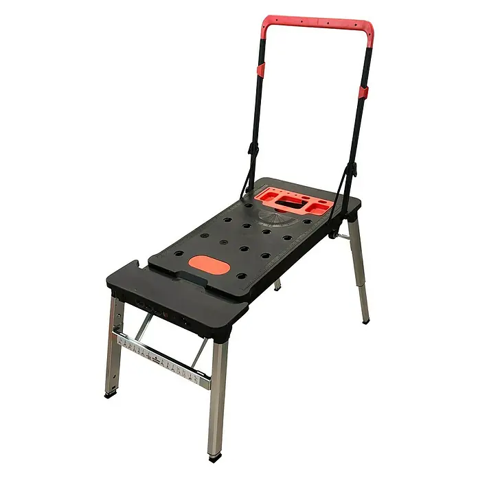 Banco de trabajo 7 en 1 - L x An: 55 x 108,5 cm, Altura de trabajo: 78 cm, Carga soportada: 100 kg - Banco de trabajo con mango rojo y patas plateadas para profesionales de la artesanía.