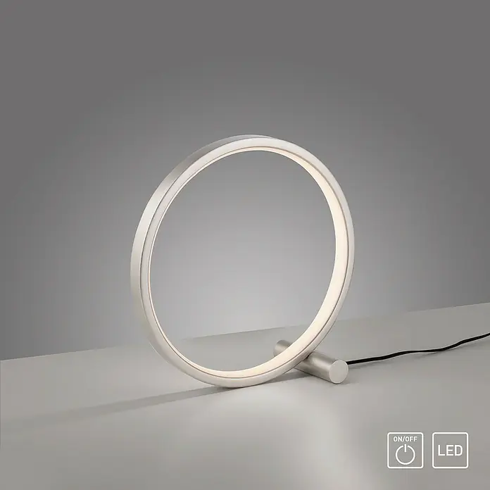 Just Light Ritus Lámpara de sobremesa redonda - 10,5 W, Ø x Al: 25,5 x 10 cm, Blanco - Una lámpara de mesa LED moderna en forma de anillo con un elegante acabado plateado y un diseño minimalista.