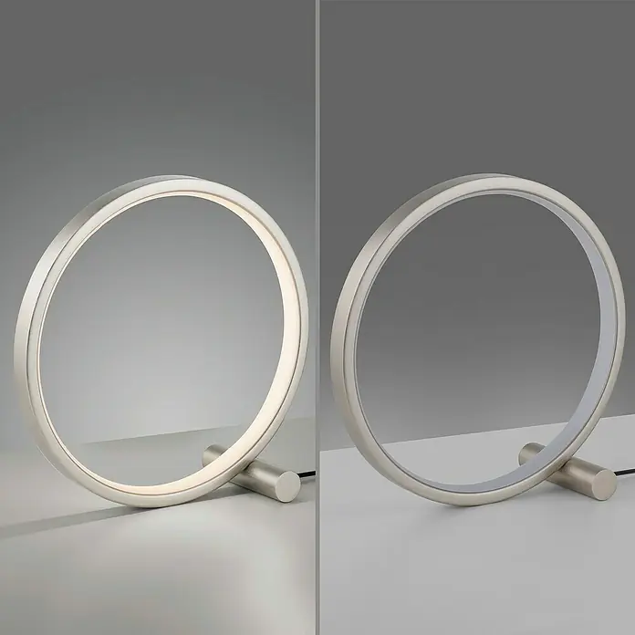 Just Light Ritus Lámpara de sobremesa redonda - 10,5 W, Ø x Al: 25,5 x 10 cm, Blanco - Lámpara de anillo moderna con marco de aluminio e iluminación LED, mostrada en estado encendido y apagado para comparar.
