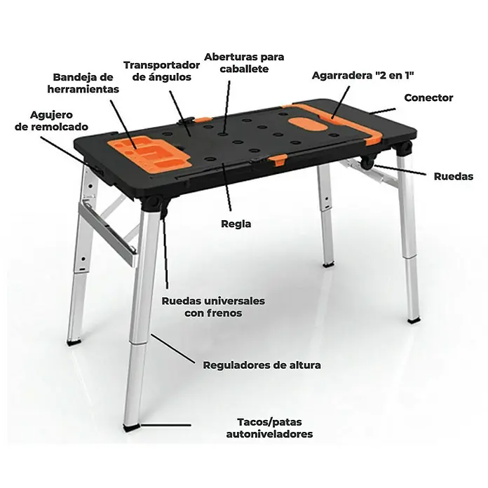Banco de trabajo 7 en 1 - L x An: 55 x 108,5 cm, Altura de trabajo: 78 cm, Carga soportada: 100 kg - Imagen de una mesa de herramientas con bandejas para herramientas, transportador de ángulos, asa y ruedas para facilitar el transporte.