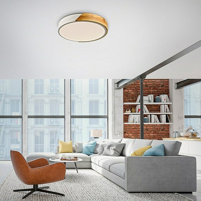 Paul Neuhaus Bila Plafón LED redondo (24 W, Ø x Al: 32 x 55 cm, Blanco/Madera, Blanco cálido) | BAUHAUS