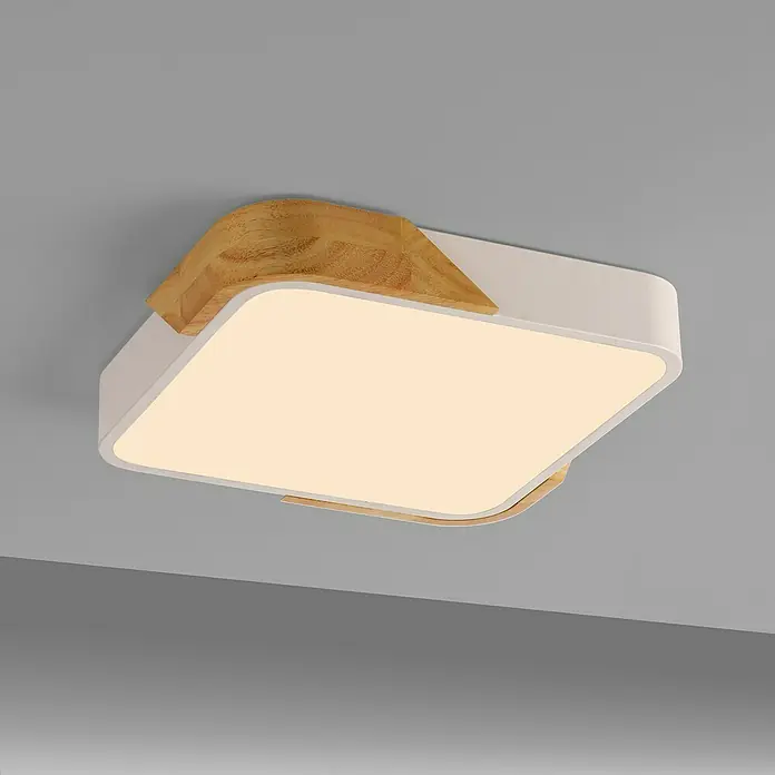Paul Neuhaus Bila Plafón LED - 24 W, L x An x Al: 32 x 32 x 55 cm, Blanco/Madera, Blanco cálido - Lámpara de techo cuadrada blanca con detalles de madera, que emite una luz cálida.