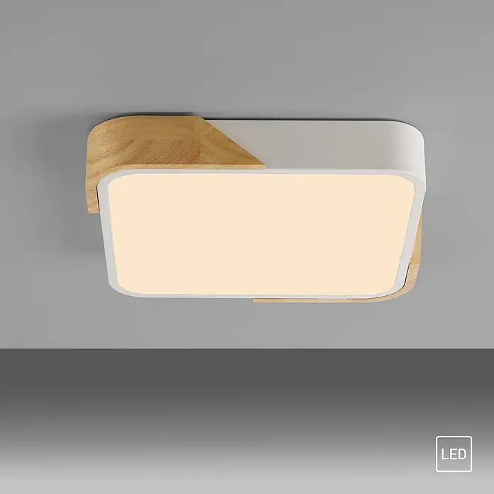 Paul Neuhaus Bila Plafón LED - 24 W, L x An x Al: 32 x 32 x 55 cm, Blanco/Madera, Blanco cálido - Lámpara de techo LED moderna con detalles de madera. El diseño cuadrado proporciona una luz cálida y acogedora.