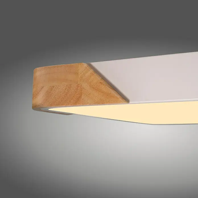 Paul Neuhaus Bila Plafón LED - 24 W, L x An x Al: 32 x 32 x 55 cm, Blanco/Madera, Blanco cálido - Primer plano de una lámpara de techo moderna con detalles de madera y un brillo cálido sobre un fondo gris.