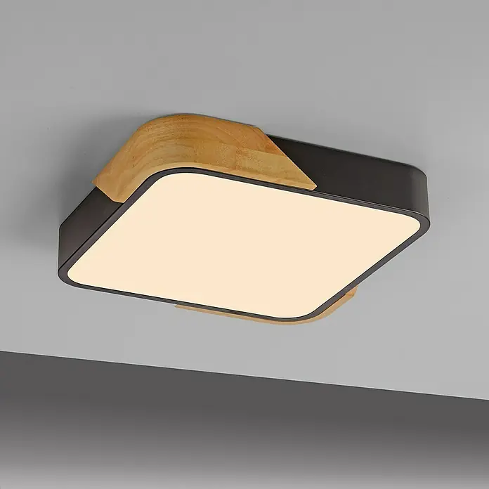 Paul Neuhaus Bila Plafón LED - 24 W, L x An x Al: 32 x 32 x 55 cm, Negro/Madera, Blanco cálido - Lámpara de techo cuadrada moderna con detalles en madera, perfecta para agregar un toque cálido y elegante a cualquier habitación.