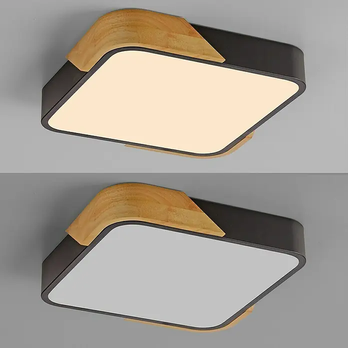 Paul Neuhaus Bila Plafón LED - 24 W, L x An x Al: 32 x 32 x 55 cm, Negro/Madera, Blanco cálido - Plafón LED cuadrado con detalles de madera, emitiendo luz cálida y fría, ideal para interiores modernos.