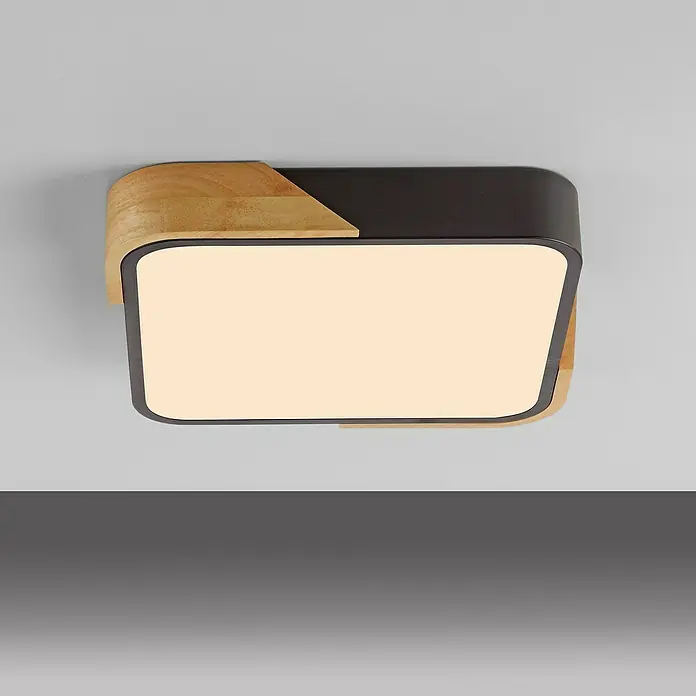 Paul Neuhaus Bila Plafón LED - 24 W, L x An x Al: 32 x 32 x 55 cm, Negro/Madera, Blanco cálido - Elegante lámpara de techo de forma cuadrada con detalles de madera y metal. La luz proporciona una iluminación agradable y moderna en la habitación.