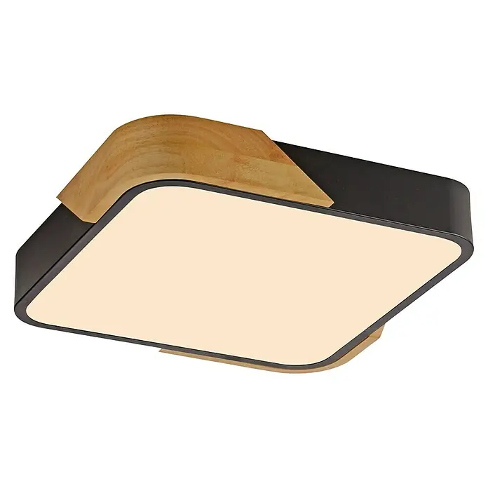 Paul Neuhaus Bila Plafón LED - 24 W, L x An x Al: 32 x 32 x 55 cm, Negro/Madera, Blanco cálido - Plafón LED moderno con diseño cuadrado, marco negro y detalles de madera para una iluminación elegante en la habitación.