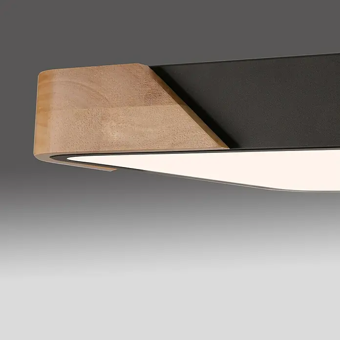Paul Neuhaus Bila Plafón LED - 24 W, L x An x Al: 32 x 32 x 55 cm, Negro/Madera, Blanco cálido - Primer plano de una moderna lámpara de techo con detalles en madera e iluminación LED integrada, que irradia un brillo cálido. Diseño elegante.
