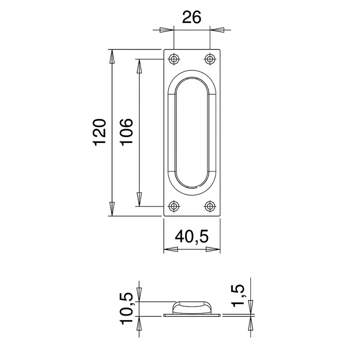 Portaferm Balkontürgriff - Silber - Technische Zeichnung eines Griffmuschel mit Bemaßungen. Dargestellt sind Außenmaße von 120x40,5 mm, Lochabstand von 106 mm und eine Tiefe von 10,5 mm.