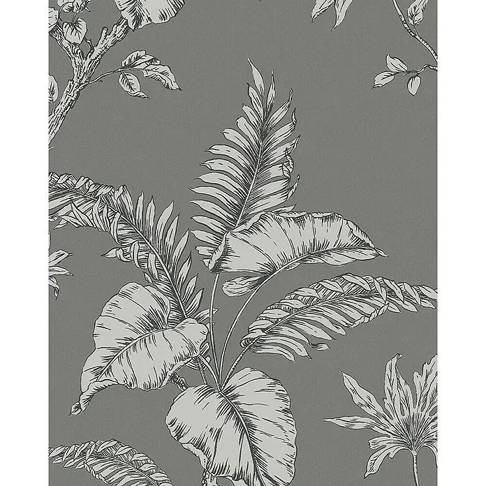 SCHÖNER WOHNEN-Kollektion Vliestapete - Braun/Grau, Floral, 10,05 x 0,53 m - Graue Tapete mit tropischen Pflanzenmotiven in Weiß, ideal für eine stilvolle Wandgestaltung im Wohnbereich.