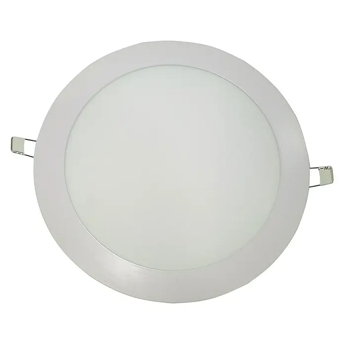 Downlight empotrable LED redondo - 9 W, Ø x Al: 14,5 x 1,4 cm, Blanco, Blanco neutro - Primer plano de una lámpara de techo LED redonda y plana con marco blanco y clips de montaje.