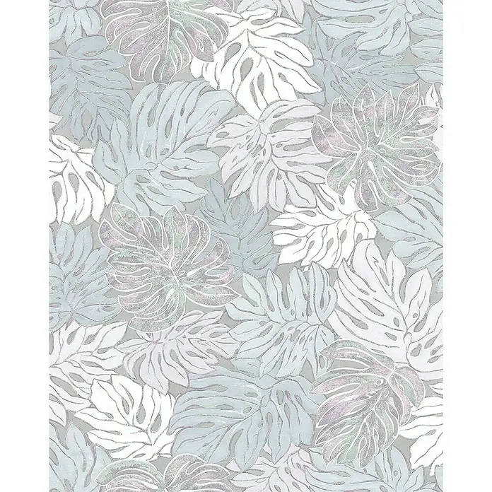 Marburg Casual Vliestapete Philodendron - Blau, Floral, 10,05 x 0,53 m - Elegantes Blattmuster mit Monstera-Blättern in Grau- und Weißtönen, ideal für moderne Wohnräume oder stilvolle Textilien.