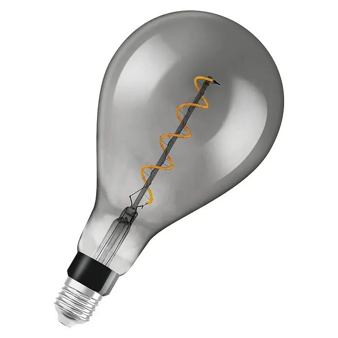 Osram LED-Lampe Vintage Edition 1906 Glühlampenform E27 - E27, Dimmbar, Warmweiß, 150 lm, 4 W, Farbe: Smoke, Birne - Nahaufnahme einer Osram Vintage 1906 LED-Lampe mit einem spiralförmigen Glühfaden auf schwarzem Hintergrund.