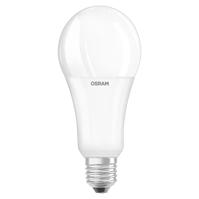 Osram Star LED-Lampe Glühlampenform E27 matt - E27, Nicht Dimmbar, Warmweiß, 2.452 lm, 19 W - Nahaufnahme einer weißen OSRAM LED-Lampe, die energieeffiziente Beleuchtung und modernes Design für Ihr Zuhause vereint.