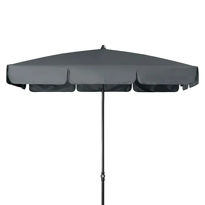 Doppler Sunline Marktschirm Waterproof Neo - Anthrazit, Bespannungsmaß (L x B): 185 x 120 cm - Grauer rechteckiger Sonnenschirm mit dunklem Rand und einem Metallständer für den Außenbereich.