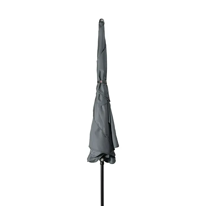 Doppler Sunline Marktschirm Waterproof Neo - Anthrazit, Bespannungsmaß (L x B): 225 x 120 cm - Geschlossener grauer Sonnenschirm auf einem schwarzen Ständer, ideal für den Einsatz im Freien und Schutz vor der Sonne.