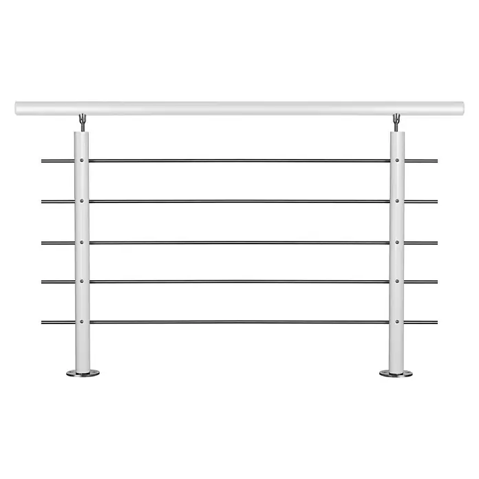 Treba Frewa Geländer-Set AG8 - Bodenmontage, Aluminium, Weiß, Silber, Länge: 150 cm - Geländer mit weißen Pfosten und horizontalen Edelstahlseilen. Modernes Design für Innen- und Außenbereiche.