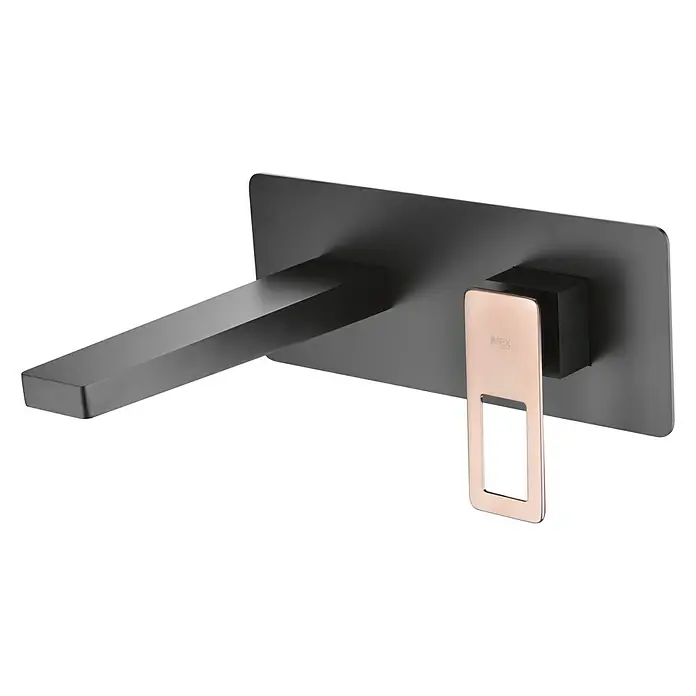 Imex Suecia Grifo de lavabo empotrado - Negro/Oro rosa - Grifo de pared moderno en negro mate con detalles en oro rosa. Diseño elegante para cualquier baño.