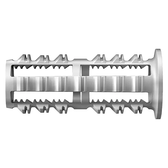 Fischer Rodforce Surtido de tacos - 20 ud., Con borde, Apto para: Hormigón - Primer plano de un anclaje de pared con superficie dentada y brida ancha. Diseñado para una fijación segura en varios materiales.