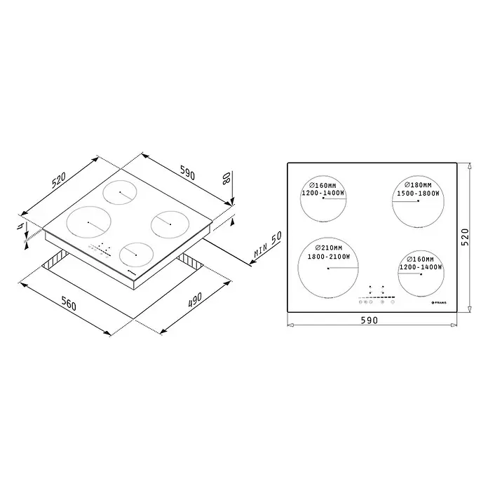 Pyramis Induktionskochfeld PHI62430FMB - Anzahl Induktionskochstellen: 4 Stk. - Technisches Diagramm eines 4-Zonen-Kochfelds mit Abmessungen, Ausschnittmaßen und Kochplattenleistungen.