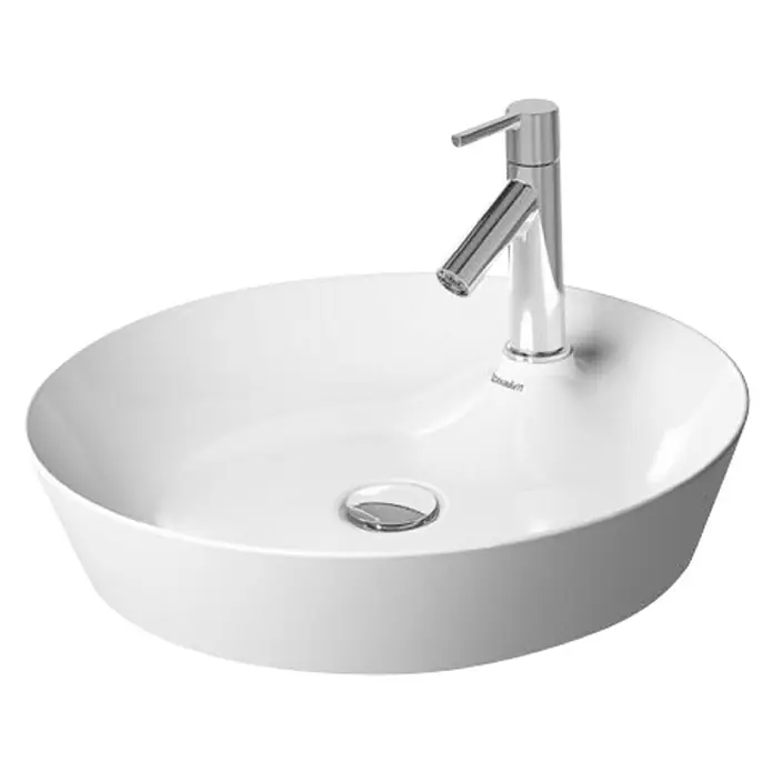 Duravit Cape Cod Waschschale - Durchmesser: 48 cm, Ohne Spezialglasur, Hahnloch: Mitte, Mit Überlauf, Weiß, Glänzend - Modernes Aufsatzwaschbecken in Weiß mit einem eleganten Chromhahn für ein stilvolles Badezimmerdesign.