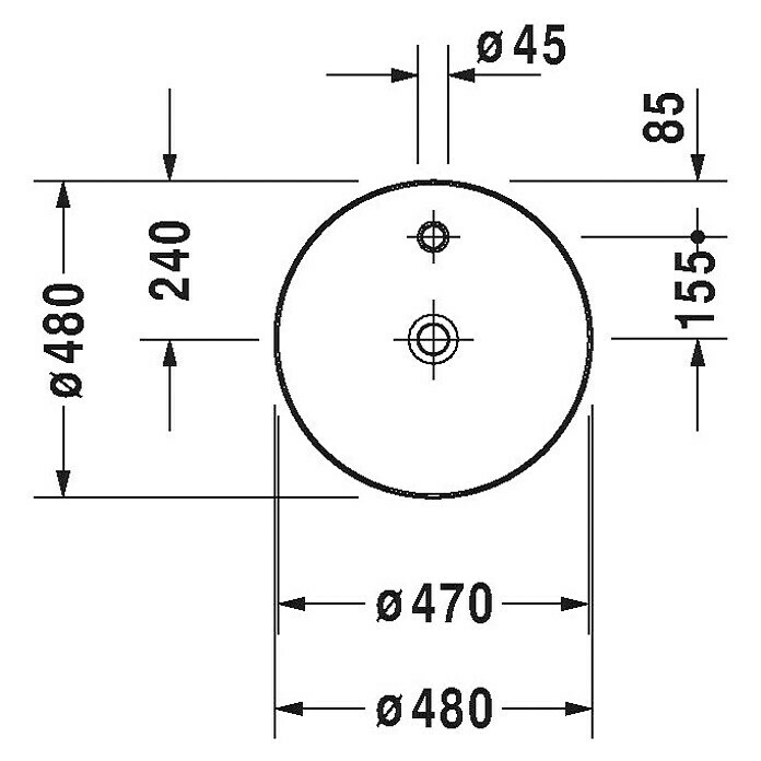 Duravit Cape Cod WaschschaleDurchmesser: 48 cm, Mit schmutzabweisender Glasur, Hahnloch: Mitte, Mit Überlauf, Weiß Sketch