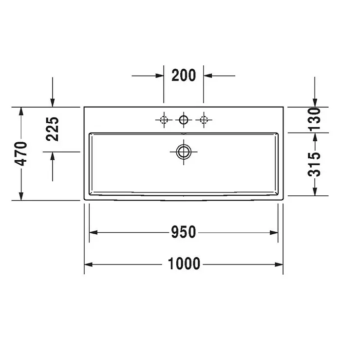 Duravit Vero Air Waschtisch - 100 x 47 cm, Ohne Spezialglasur, Hahnloch: Ohne, Ohne Überlauf, Weiß, Geschliffen - Schemazeichnung eines Waschbeckens mit Maßen. Die Gesamtbreite beträgt 1000mm, die Tiefe 470mm. Die Beckenbreite beträgt 950mm.