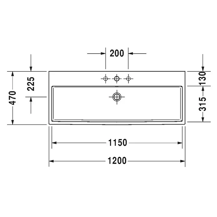 Duravit Vero Air Waschtisch - 120 x 47 cm, Ohne Spezialglasur, Hahnloch: Mitte, Ohne Überlauf, Weiß, Geschliffen - Technische Zeichnung eines Waschbeckens mit Bemaßung für Installation und Planung.