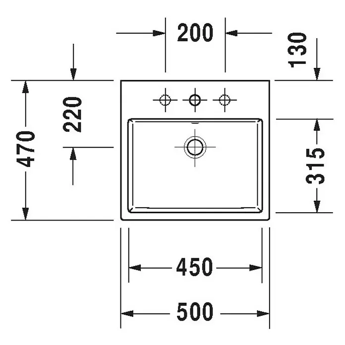 Duravit Vero Air Waschbecken - 50 x 47 cm, Ohne Spezialglasur, Hahnloch: Ohne, Ohne Überlauf, Weiß, Ungeschliffen - Detaillierte technische Zeichnung eines Aufsatzwaschbeckens mit Maßangaben für Installation und Design.